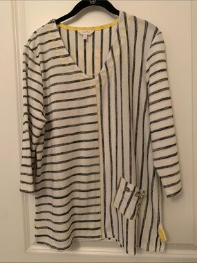 Coral Bay White Top with Black Stripes and Yellow Accents